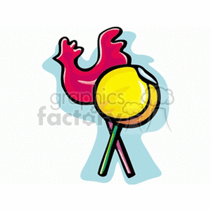 Colorful clipart of a yellow lollipop and a red candy in the shape of a rooster.