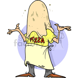 A humorous clipart image featuring a pizza maker with dough covering his face. He's wearing a yellow shirt with 'Pizza' written on it and an apron, standing with arms outstretched.