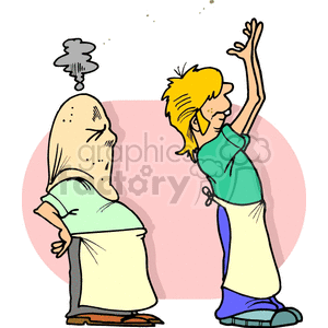 A cartoon image featuring a humorous scene of a pizza maker tossing dough, while another character stands with smoke above their head, looking frustrated with the dough over their head