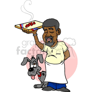 A cartoon image of a pizza maker holding a pizza box with a happy dog beside him.