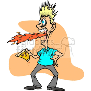 Cartoon character depicted as eating a hot slice of pizza with flames coming out of his mouth.