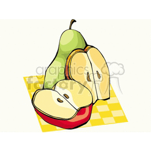 Clipart image of a whole pear and sliced apple on a checkered surface.