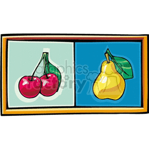 Clipart image of cherries and a pear in separate frames.