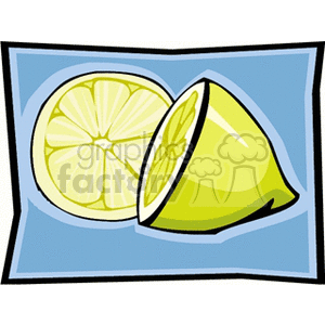 A clipart image of a sliced lemon with one half and a lemon wedge on a blue background.