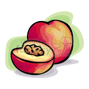 Clipart illustration of a whole peach and a sliced peach with a visible pit.