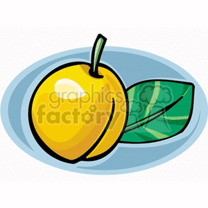 A clipart image of a yellow peach with a green leaf on a blue background.