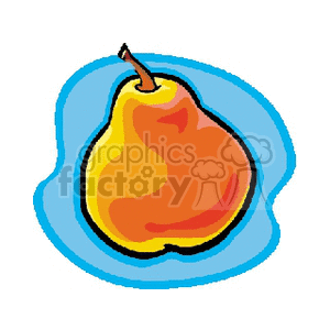 A colorful clipart illustration of a pear with a vibrant orange and yellow color palette, set against a blue background.