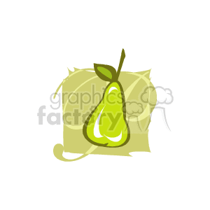 This clipart image depicts a stylized, bright green pear with a light green highlight and a small leaf attached to its stem. The pear sits against an abstract, pale yellow background, implying it might be sitting on a surface or that it is highlighted.