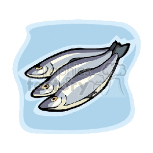 Clipart image of three whole fish on a blue background.