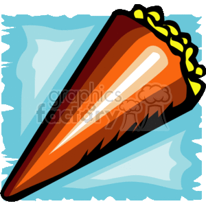 The clipart image features a stylized depiction of a bag or box of popcorn. The popcorn bag is tilted, suggesting motion or pouring, with individual pieces of popcorn spilling over the top edge. The bag is primarily orange with a bold outline, and the background of the clipart has a light blue abstract design.