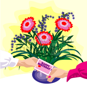 This clipart image depicts a bouquet of vibrant red flowers with some smaller blue flowers, set against a yellow background. Two hands are presenting the bouquet, with one hand holding a card that reads HAPPY BIRTHDAY.