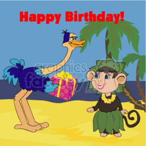 Tropical Birthday Celebration with Bird Presenting Gift to Monkey