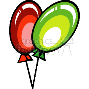 The image is a clipart illustration featuring two balloons, one red and one green, tied together with strings. They appear shiny and are typically used as decoration for celebrations such as birthdays, anniversaries, parties, and other festive occasions.