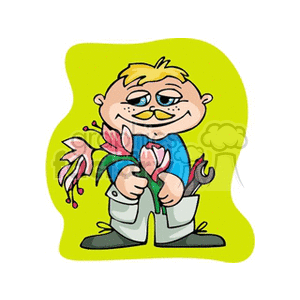 Cheerful Boy Holding Flowers Cartoon