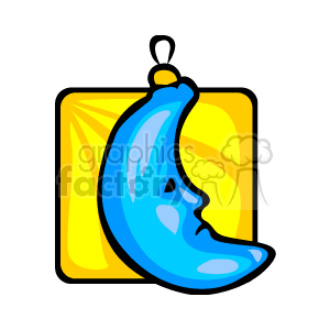 The clipart image features a blue crescent moon Christmas ornament. The ornament has a glossy finish and a gold-colored cap from which it can be hung, set against a yellow square background possibly representing a light glow or festive background.