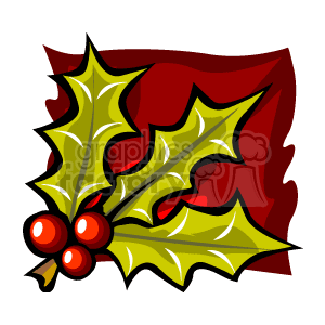 This clipart image depicts a sprig of holly with green pointed leaves and red berries, typically associated with Christmas and holiday decorations.