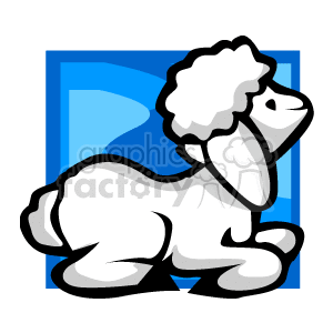 The clipart image features a stylized, cartoon-like depiction of a lamb or sheep. The background is a simple blue square. The lamb is white with fluffy wool, depicted in a sitting pose with a friendly and calm appearance.