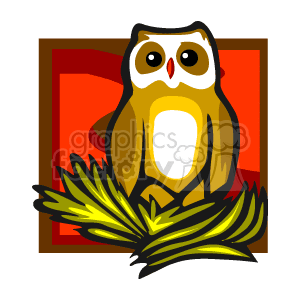 In the clipart image, there is a stylized owl with a simple design featuring prominent eyes and a large circular body. The owl is sitting on pine branches, which are often associated with the Christmas holiday season. The background consists of a red square with what appears to be a subtle outline or shadow around the owl. This might be intended to give the impression of a holiday-themed decoration.