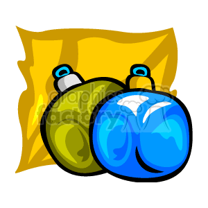 This clipart image features two Christmas ornaments, one blue and one green, against a golden-yellow, star-shaped background. The ornaments are styled typically for holiday decorations, with a shiny appearance and metallic caps where they would be hung from a Christmas tree.