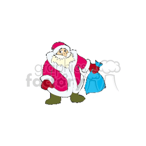 cartoon Santa holding a blue gift bag