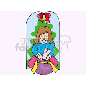 A clipart image of a young girl holding a stuffed animal in front of a Christmas tree, with a gift in hand and holiday decorations.