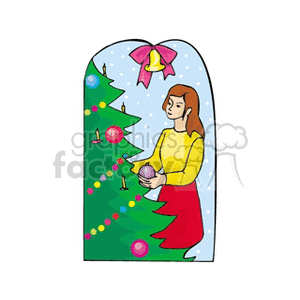 A girl decorating a Christmas tree with colorful bulbs and ornaments, set in a festive holiday scene.