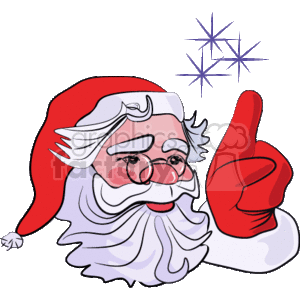 The clipart image features a stylized portrayal of Santa Claus. He is shown with prominent white beard and mustache, wearing his traditional red hat with a white trim, and round glasses. Santa is gesturing with one hand raised, index finger pointing upwards. To his side, there are a few sparkling snowflakes.