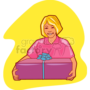 A person holding a large gift box with a blue ribbon, set against a bright yellow background.