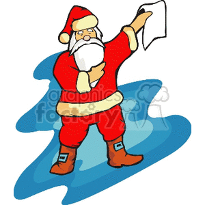 Clipart image of Santa Claus holding a piece of paper, standing on a blue puddle-shaped background.