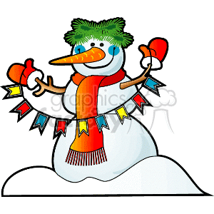 The clipart image depicts a cheerful cartoon snowman with a carrot nose. It wears a green winter hat, a red and yellow striped scarf, and red mittens. The snowman is also holding a string of colorful flags.