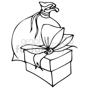 The clipart image shows a Christmas-themed illustration featuring a sack tied at the top, presumably filled with gifts, and a wrapped present with a ribbon bow on top.