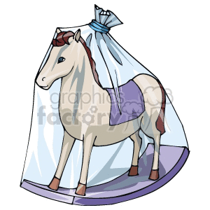 Clipart image of a rocking horse wrapped in a clear gift bag, symbolizing a holiday gift.