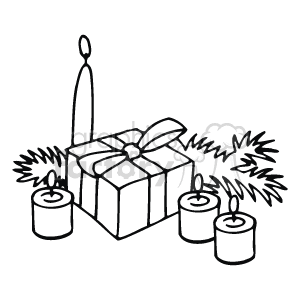 The clipart image depicts a wrapped gift or present accompanied by four candles, with one taller candle standing behind the gift and three shorter ones in front. There are also decorative branches, suggesting a festive, holiday setting such as Christmas.