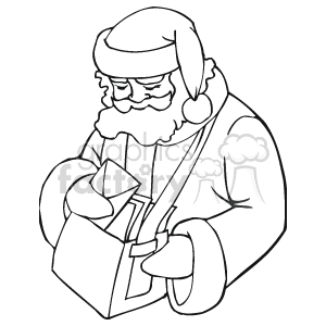   This black and white clipart image depicts Santa Claus holding and looking through a stack of letters. Santa is dressed in his characteristic outfit with a hat and beard, suggesting he is going through children