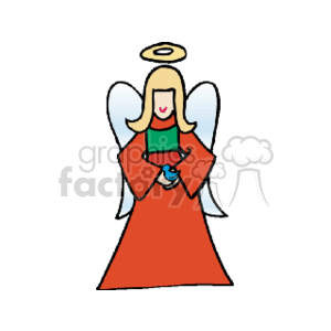 The clipart image shows a stylized angel associated with Christmas themes. The angel has blonde hair, is wearing a red dress with a green collar, and has white wings. The angel also has a halo above its head and is holding a small blue bird