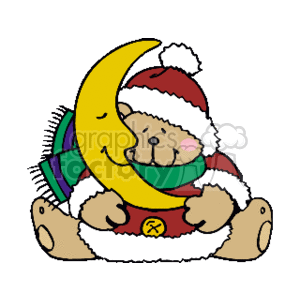 Festive Christmas Teddy Bear Hugging a Smiling Moon