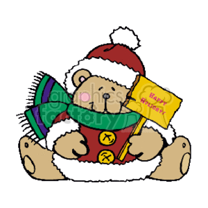   The clipart image shows a cute teddy bear dressed in Christmas attire, including a Santa hat and a green scarf. The bear is holding a flag with the message Happy Holidays! written on it, and it is wearing a suit that resembles Santa