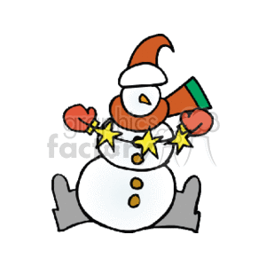 Snowman Dressed in a Hat Scarf Boots and Gloves Holding a String of Stars