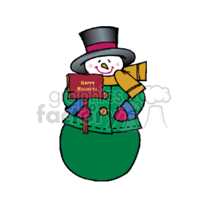Happy Snowman Wearing a Top Hat Scarf and Mittens Holding a Happy Holidays Sign