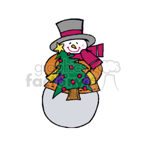 The clipart image displays a cheerful snowman wearing a top hat and holding a decorated Christmas tree. The snowman appears to be dressed in winter attire with a warm scarf, which is fitting for the holiday season.