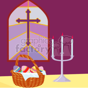 Decorative Easter Eggs in Woven basket with Three Burning Candles