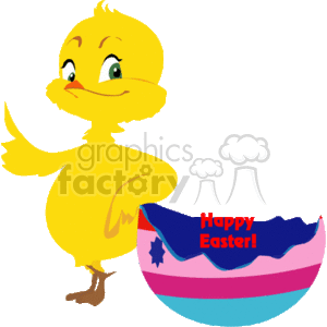 This image features a cute yellow Easter chick standing beside a colorful cracked eggshell that has Happy Easter! written inside it. The chick appears happy and the overall vibe of the image is festive and celebratory, in line with the Easter holidays.