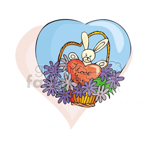 A cute clipart image featuring a bunny in an Easter basket with an 'I Love You' heart, surrounded by colorful flowers, set against a heart-shaped background.