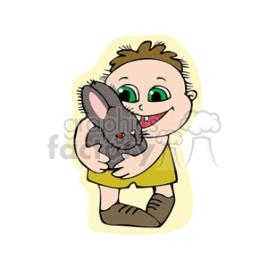 A cheerful cartoon boy holding a cute gray bunny rabbit.