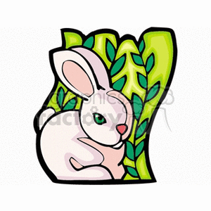 An illustrated white rabbit in front of green foliage, representing Easter themes.