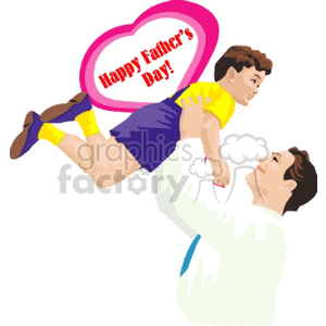 Clipart image of a father lifting his son with a heart-shaped background that says 'Happy Father's Day!'