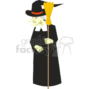 This clipart image depicts a witch, a common symbol associated with Halloween. The witch is shown wearing a black dress with a wide-brimmed hat accented with a red band. The witch also appears to be holding a broomstick, another iconic prop often linked to witches in folklore. The witch's facial features include a pointy chin and a prominent nose, which are typical caricature traits used to represent witches in various art forms.