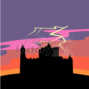The clipart image appears to depict a silhouette of a haunted house on a hill with a stylized Halloween theme. The colors used for the sky gradient range from purple to orange, suggesting a spooky sunset or twilight. Lightning bolts in the sky add to the ominous atmosphere typically associated with Halloween visuals.