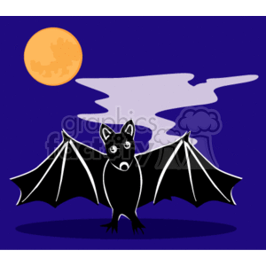 The clipart image depicts a bat with outspread wings in the foreground, set against a stylized night sky that includes a full moon, and what appears to be a cloud or mist in the background. The scene is suggestive of the Halloween theme, with a dark blue-purple sky adding to the spooky atmosphere.