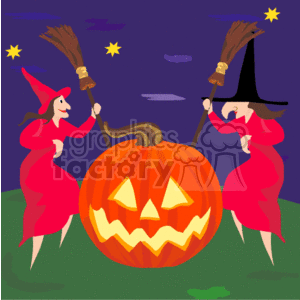 The image features two witches in red dresses and pointed hats, each holding a broomstick, dancing around a large, smiling jack-o'-lantern on what appears to be a grassy field. The background is a dark night sky sprinkled with stars.